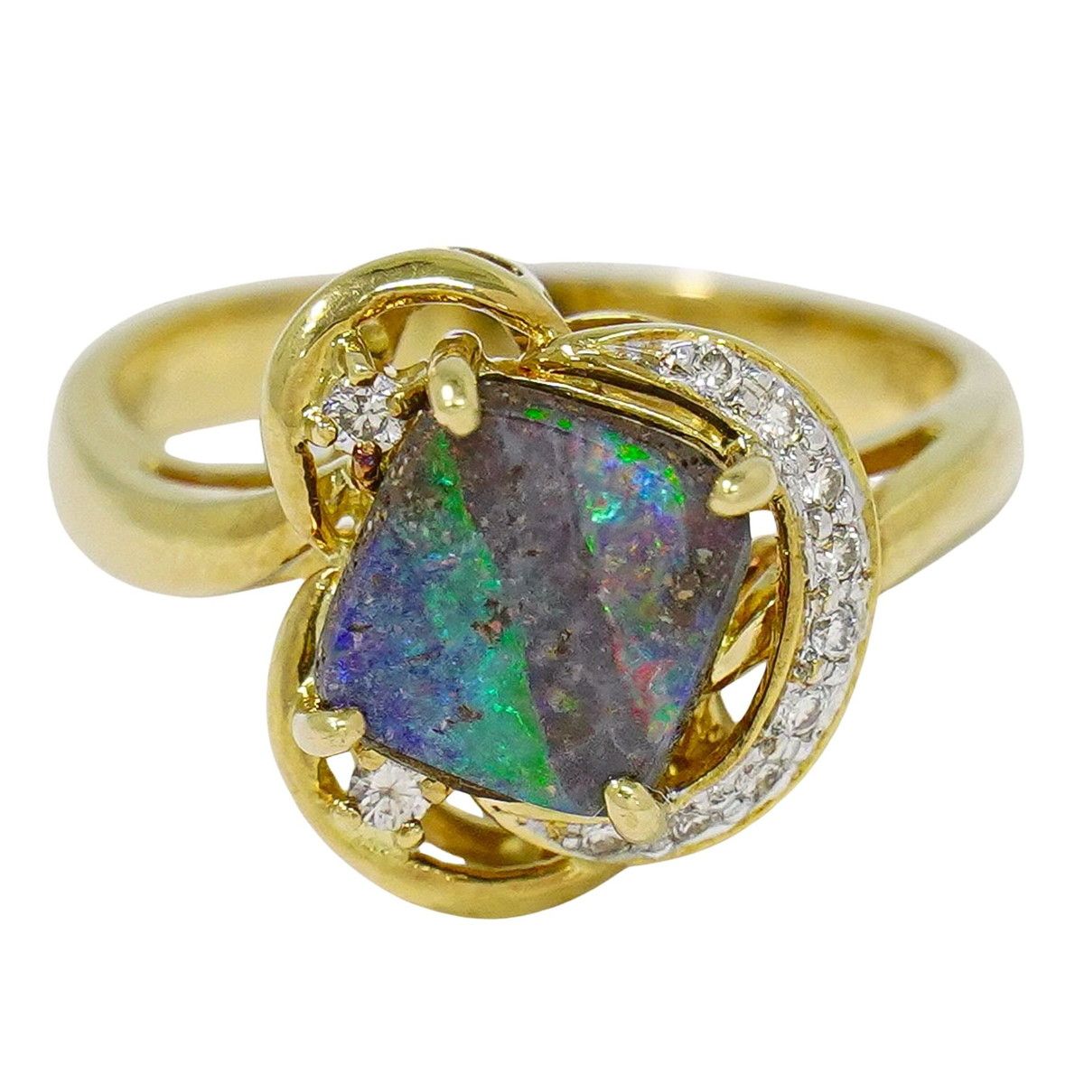 本物 ボルダーオパール 2.11ct ダイヤモンド 0.13ct K18 YG リング 指輪 15号 イエローゴールド ブルー グリーン アクセサリー ジュエリー 中古・