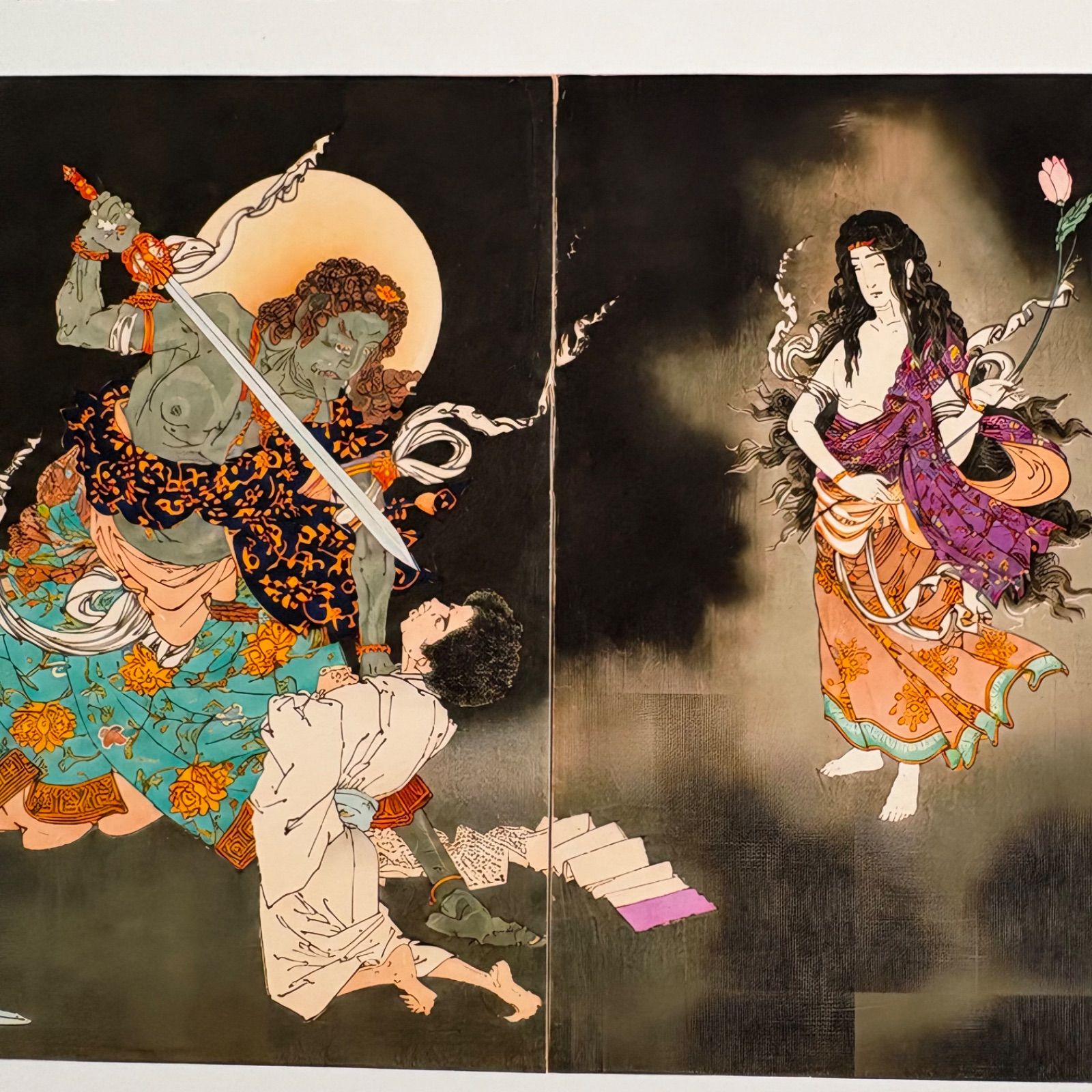 カラフルな武士の日本画 月岡芳年 祐天不動の長剣を呑む図 A4額付き 浮世絵 複製画 三枚続 武者