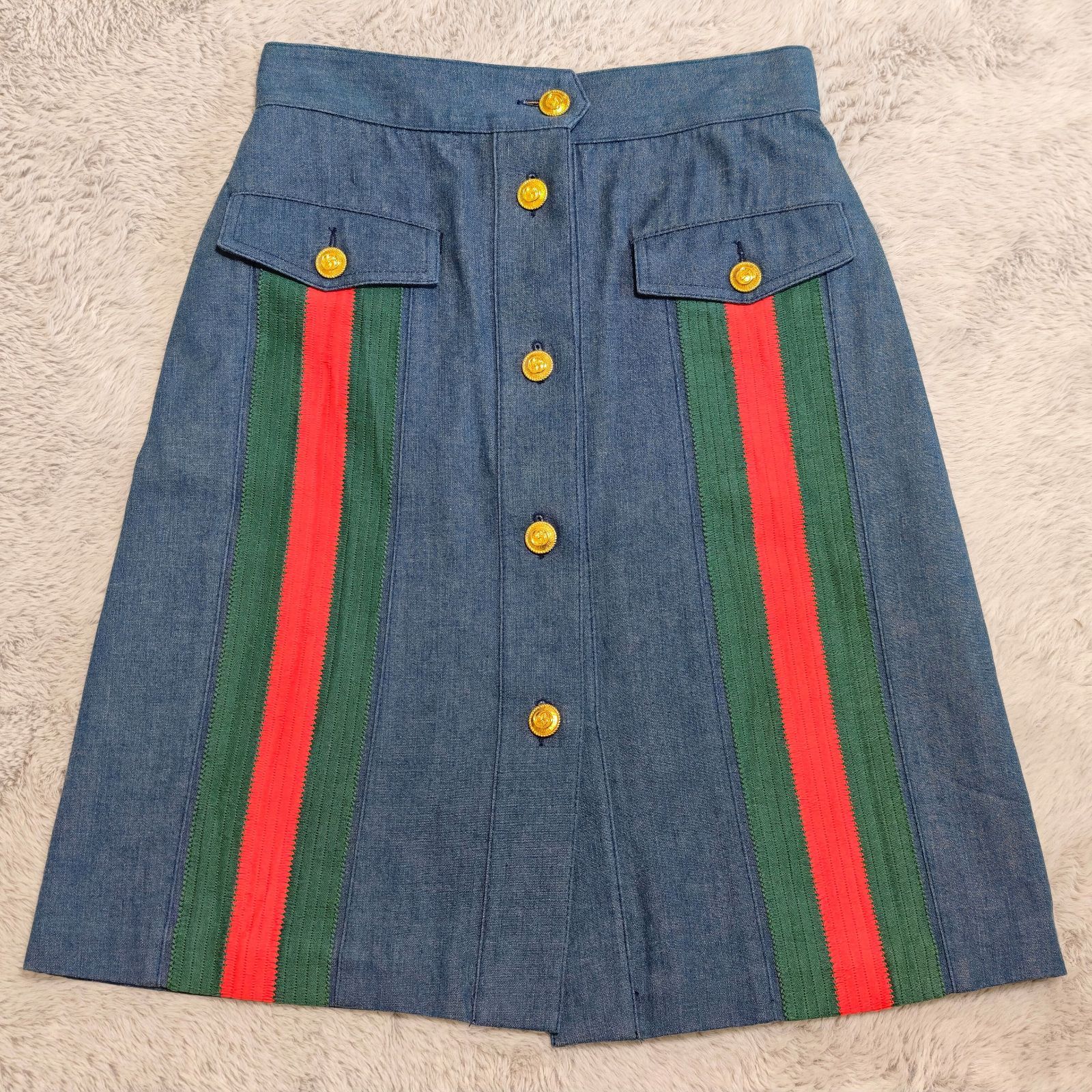 GUCCI グッチ デニムスカート ひざ丈 シェリーライン ウェブストライプ