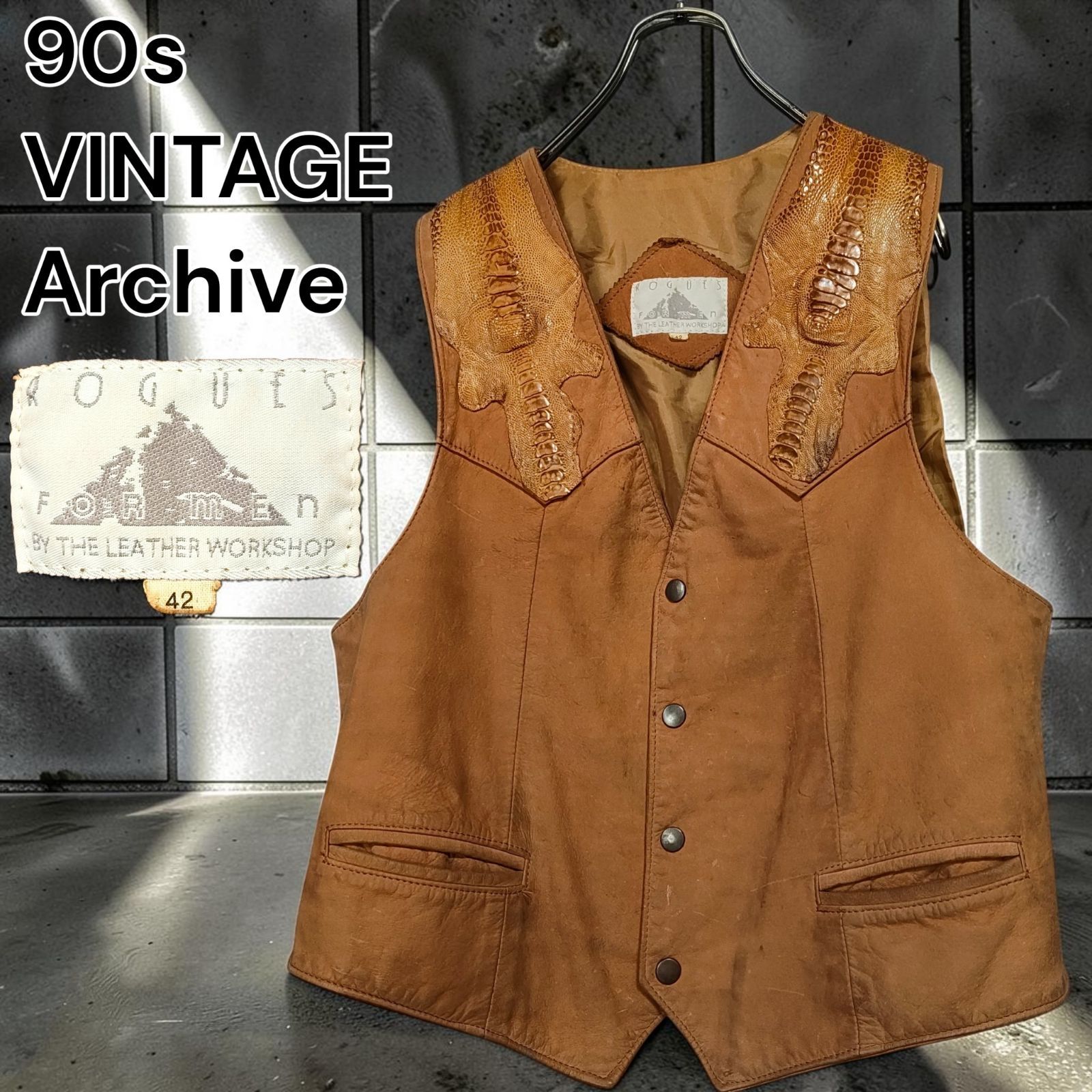 90s ROGUES FOR MEN VINTAGE Archive 本革 カンガルー 爬虫類 クロコダイル 型押し 切替 レザーベスト ジレ ウエスタン カントリー アメカジ ブラウン 茶色 エキゾチック ギミック レトロ 希少 Vest