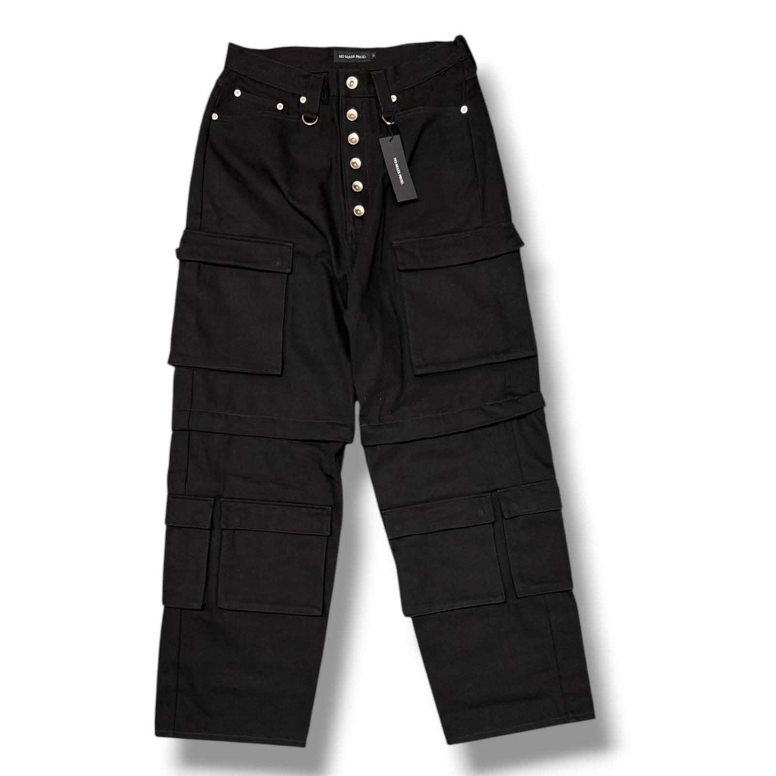 参考上代35200円 未使用 NO MASS PROD. 2WAY CARGO BAGGY JEANS カーゴデニムパンツ ジーンズ ハーフパンツ ノーマスプロッド ブラック S (19850M)