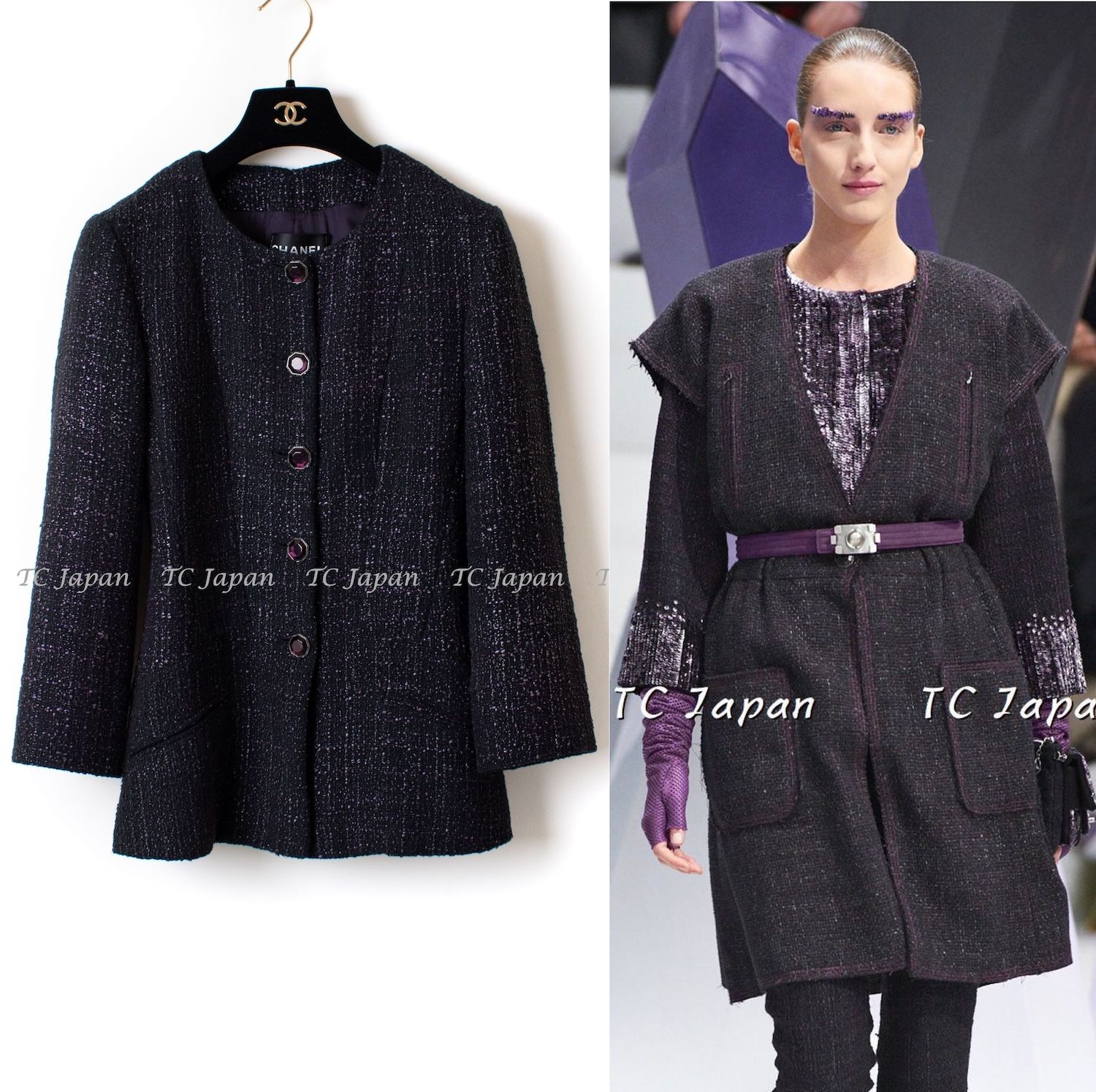 シャネル ジャケット CHANEL 94万 ブラック パープル グリポワ宝石 ボタン コットン ツイード カール・ラガーフェルド 超美品 34