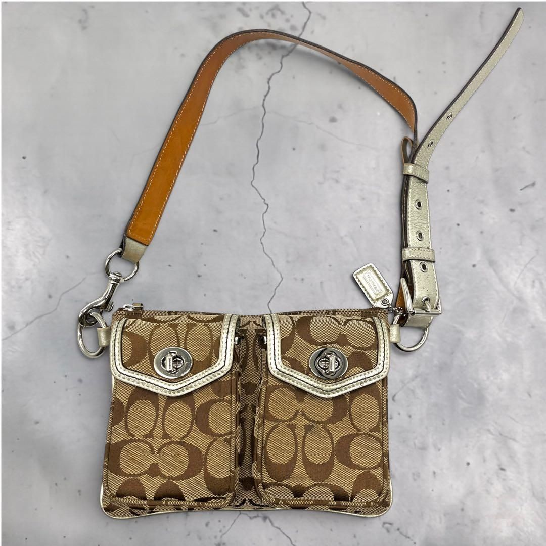 Coach シグネチャー ダブルポケット ショルダーバッグ キャンバス レザー
