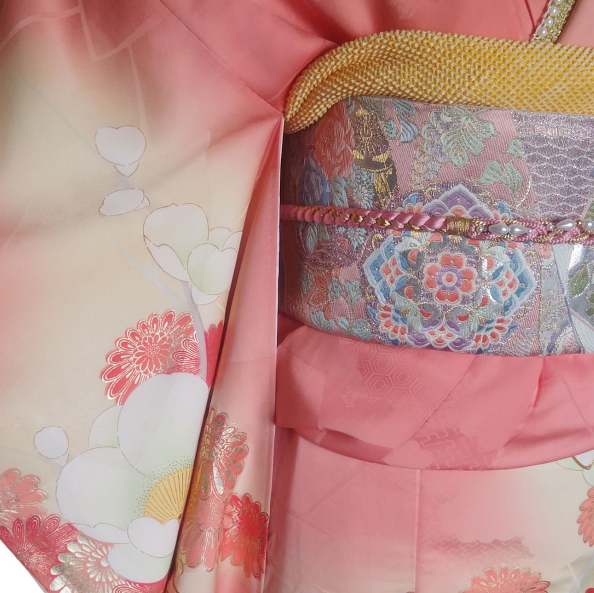 豪華振袖 5点 セット 駒刺繍 ピンク 白 黄色 枝花文 地紋お越し 金彩