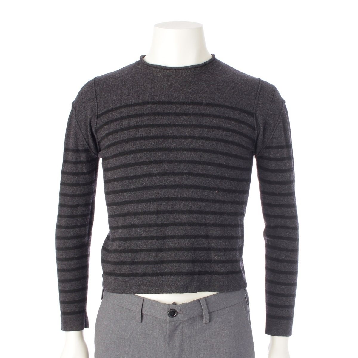 ジャンポール・ゴルチェ homme オム ウール ショルダーデザイン ボーダー ニット セーター 長袖 グレー ブラック 48【中古】