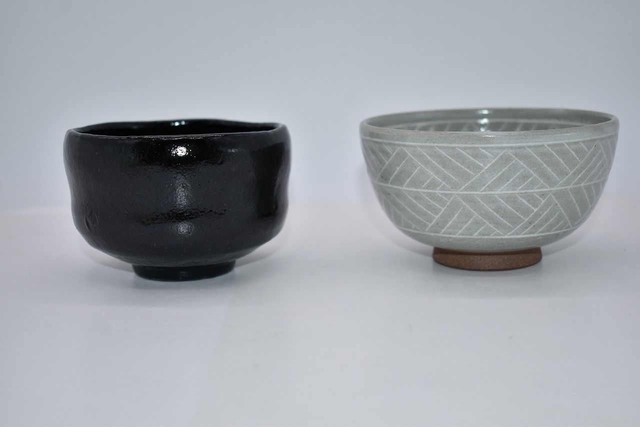 茶道具 茶箱 御所籠 色紙点 茶碗セット 黒楽茶碗 松楽 作・彫三島茶碗