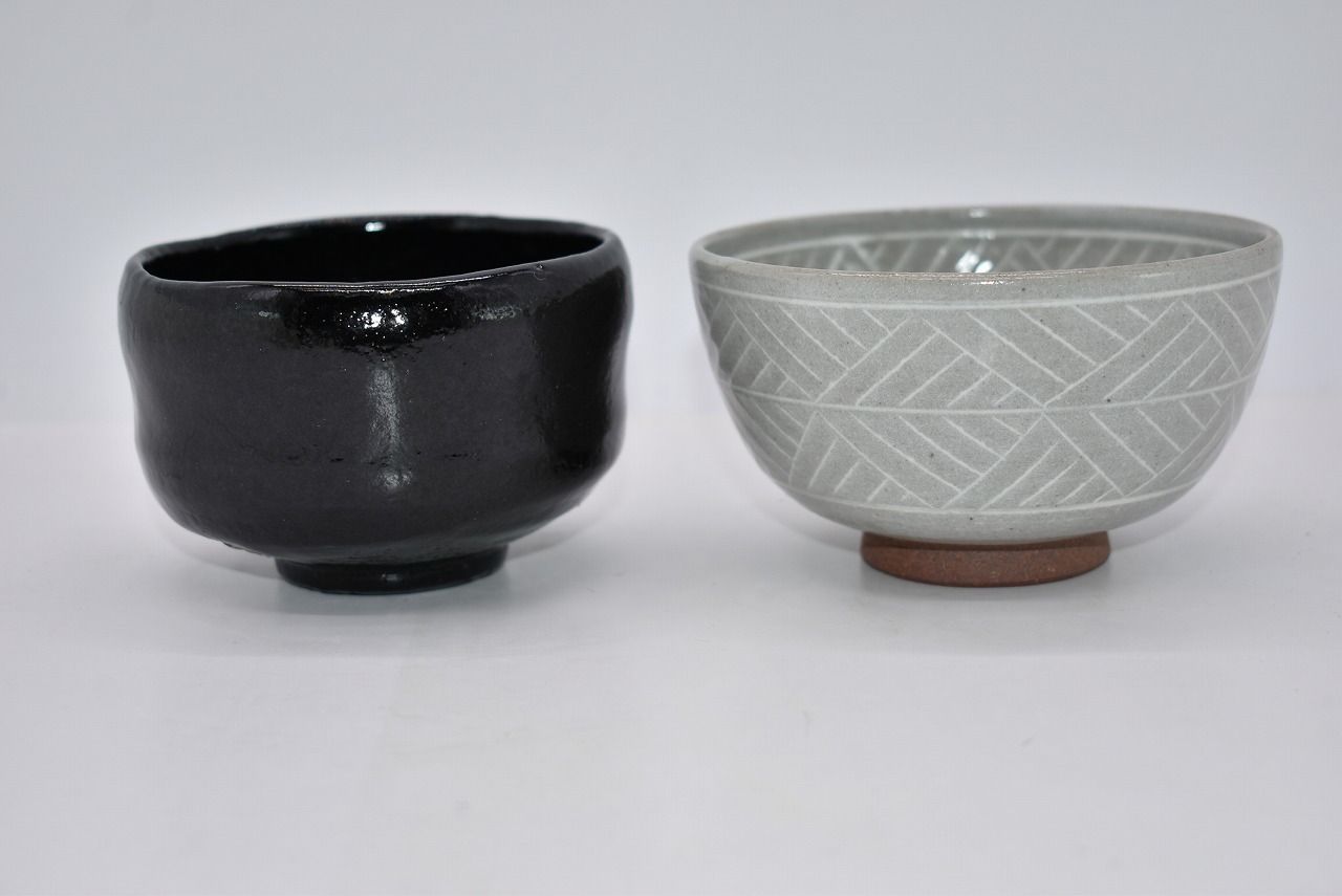 茶道具 茶箱 御所籠 色紙点 茶碗セット 黒楽茶碗 松楽 作・彫三島茶碗