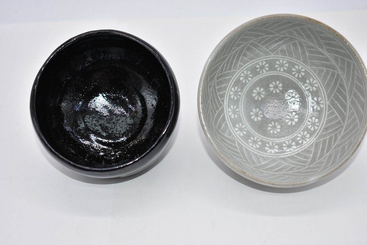 茶道具 茶箱 御所籠 色紙点 茶碗セット 黒楽茶碗 松楽 作・彫三島茶碗