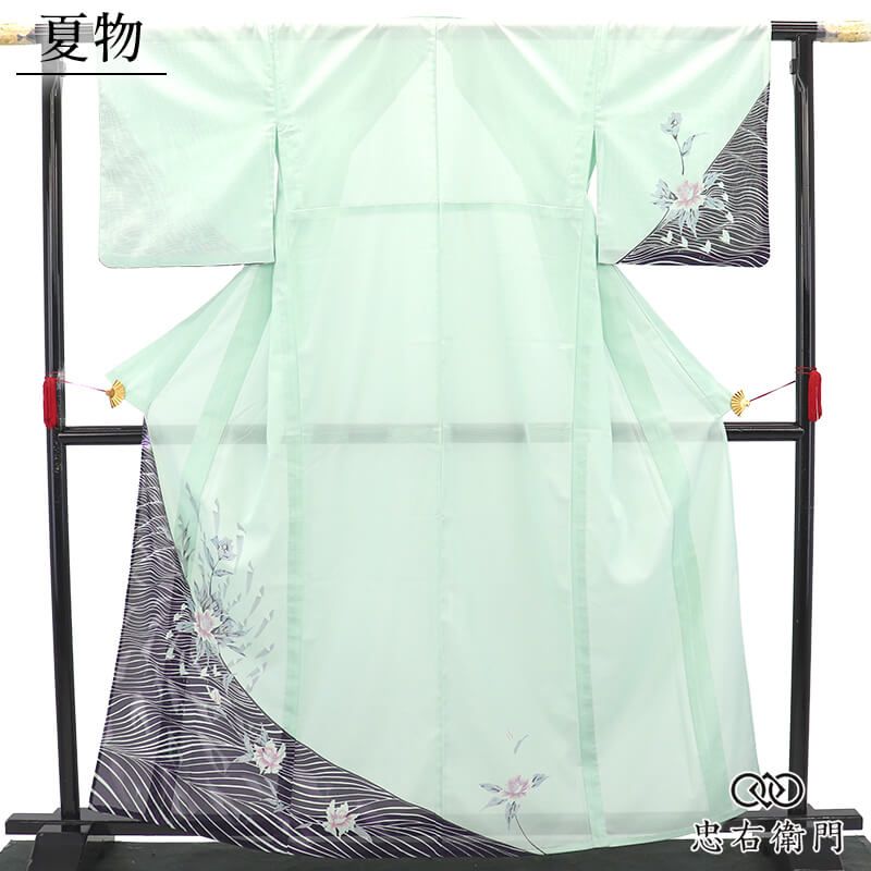 夏着物 絽付下げ 付下げ レディース ポリエステル 薄緑 花柄 上品 身丈