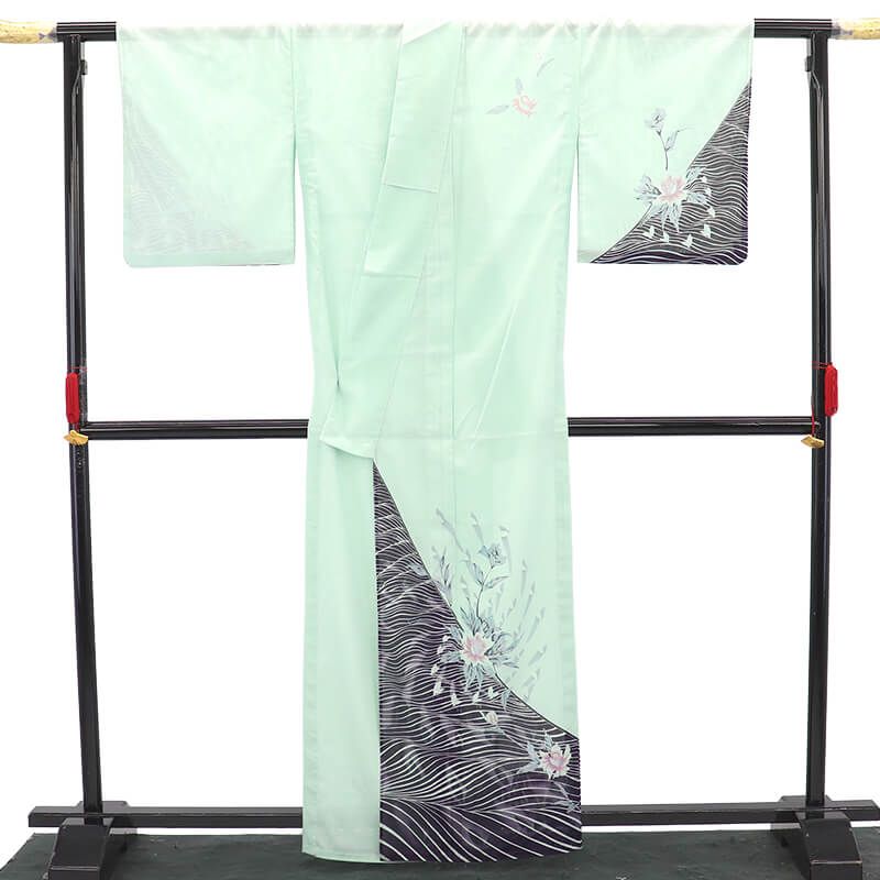 夏着物 絽付下げ 付下げ レディース ポリエステル 薄緑 花柄 上品 身丈