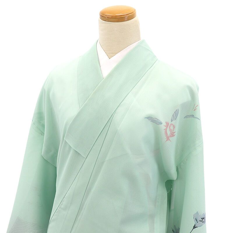 夏着物 絽付下げ 付下げ レディース ポリエステル 薄緑 花柄 上品 身丈