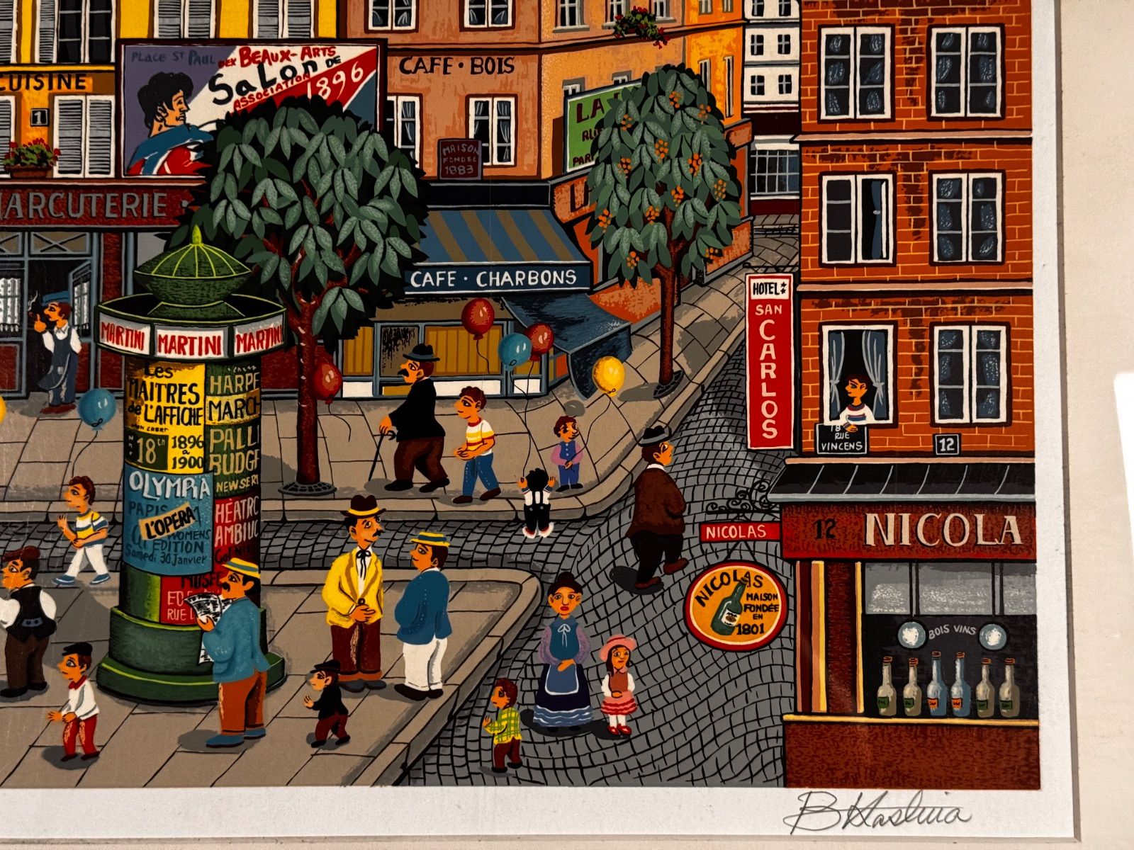 カシワ「Paris Street」版画 パリ街景 直筆サイン 額装 #370 ビン・カシワ「パリの街角」シルクスクリーン 20号 大作 直筆サイン