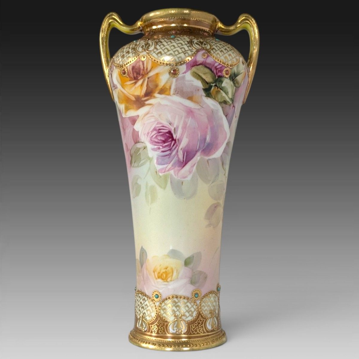 超美品 オールドノリタケ メイプルリーフ印 両耳飾り壺 薔薇文様