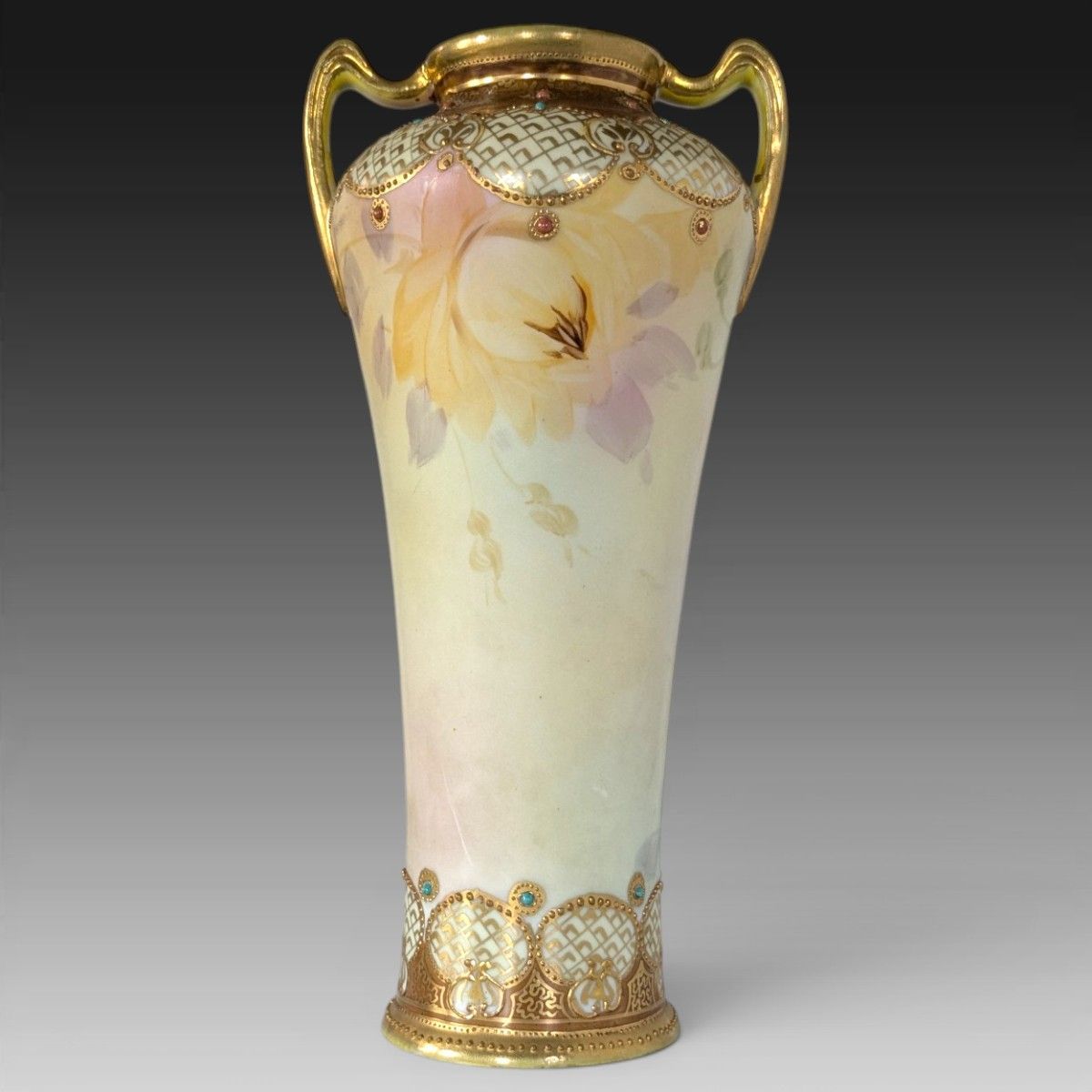 超美品 オールドノリタケ メイプルリーフ印 両耳飾り壺 薔薇文様