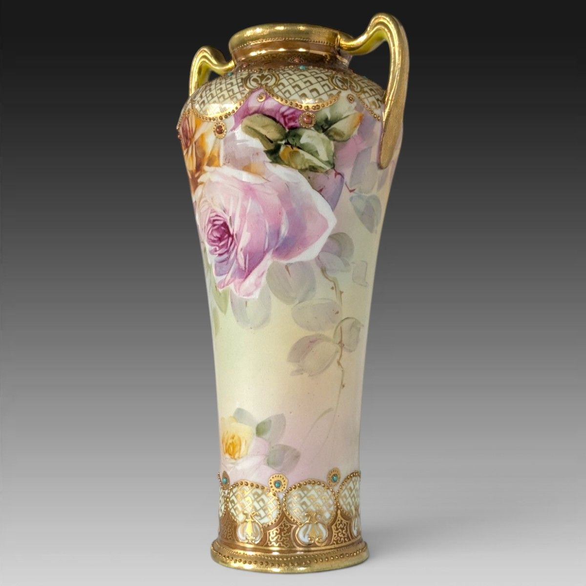 超美品 オールドノリタケ メイプルリーフ印 両耳飾り壺 薔薇文様