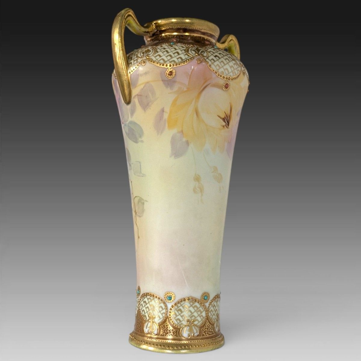超美品 オールドノリタケ メイプルリーフ印 両耳飾り壺 薔薇文様