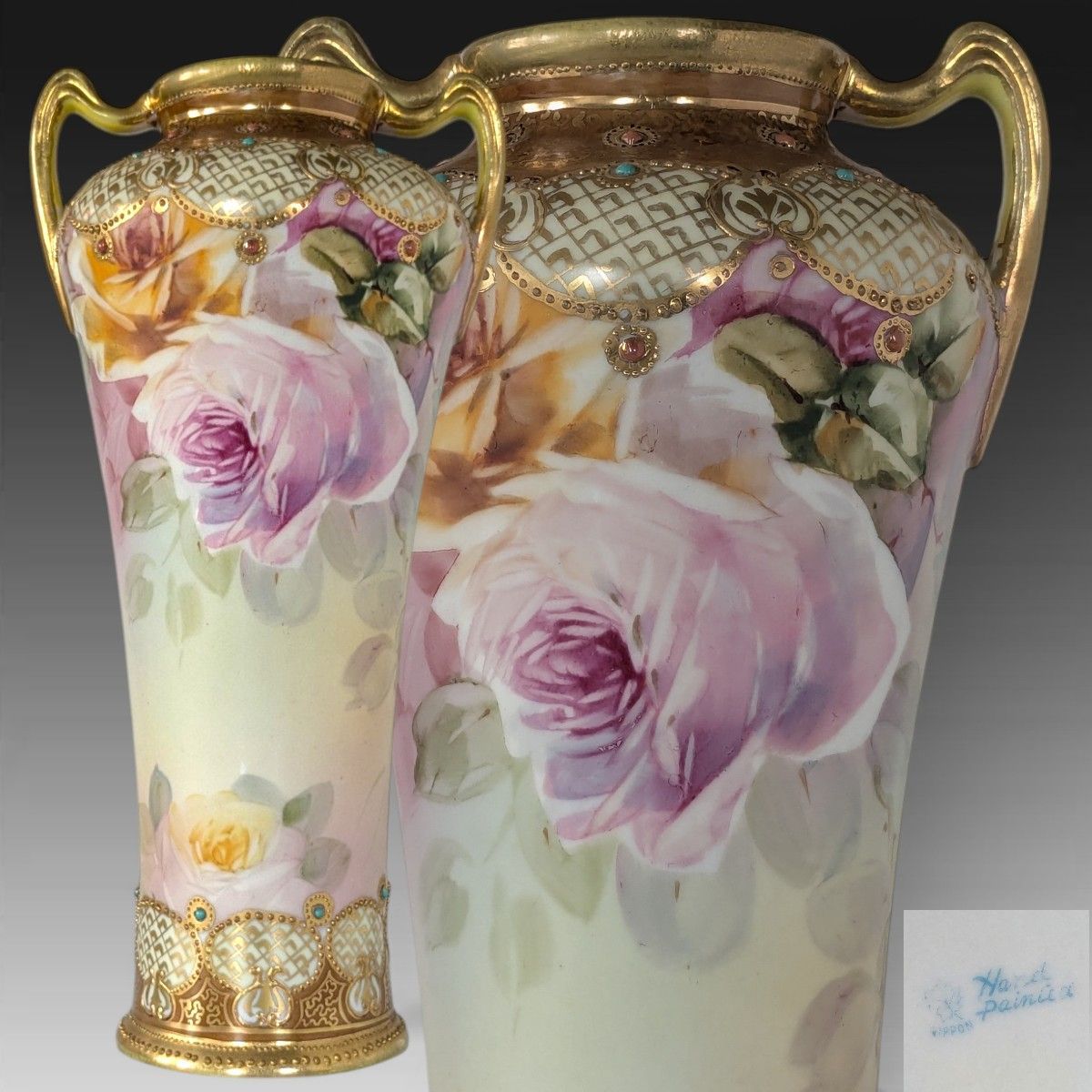 超美品 オールドノリタケ メイプルリーフ印 両耳飾り壺 薔薇文様