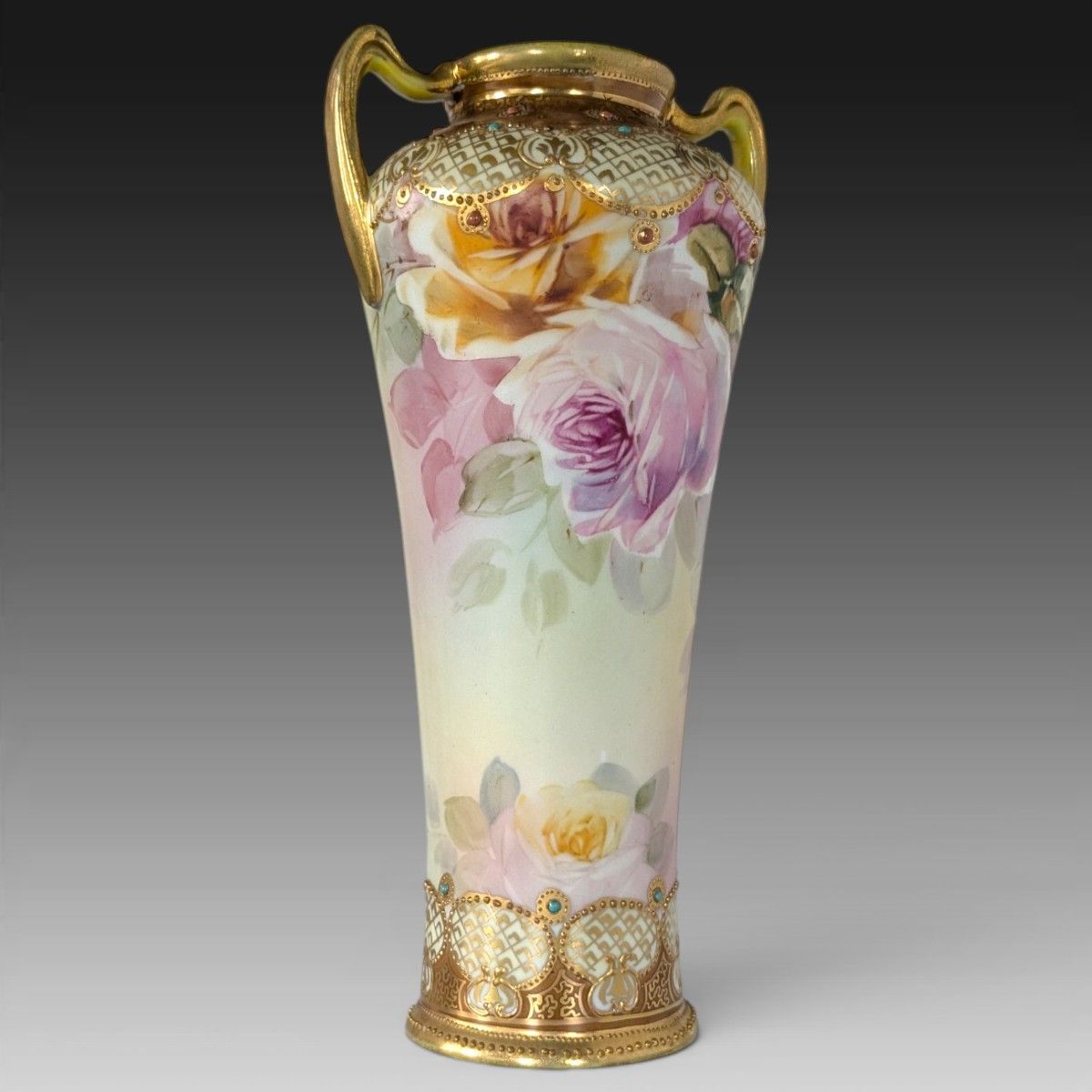 超美品 オールドノリタケ メイプルリーフ印 両耳飾り壺 薔薇文様
