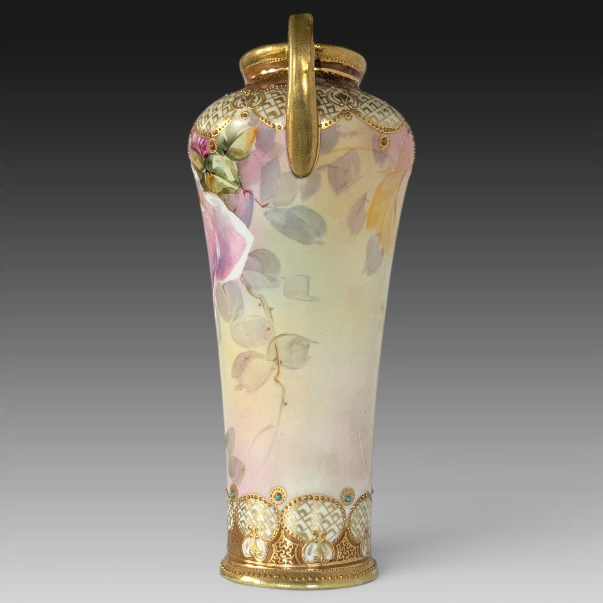 超美品 オールドノリタケ メイプルリーフ印 両耳飾り壺 薔薇文様