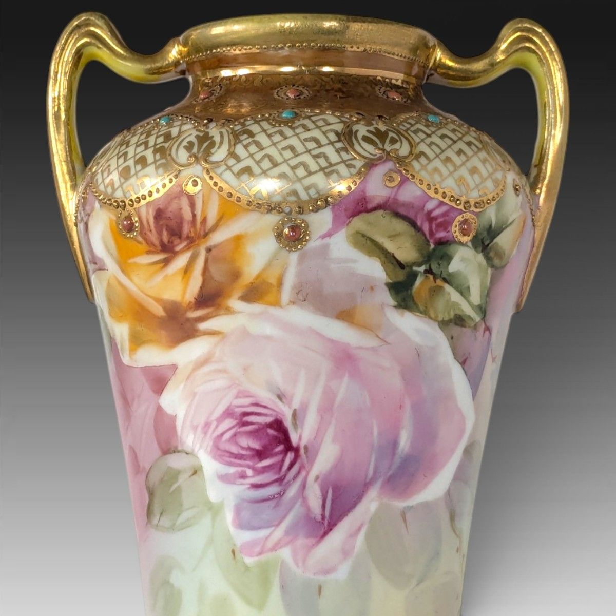 超美品 オールドノリタケ メイプルリーフ印 両耳飾り壺 薔薇文様