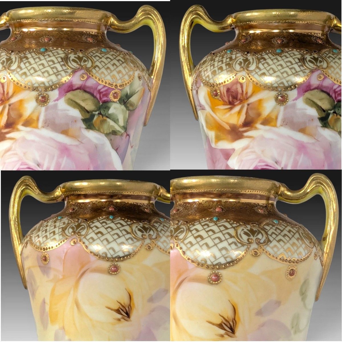 超美品 オールドノリタケ メイプルリーフ印 両耳飾り壺 薔薇文様