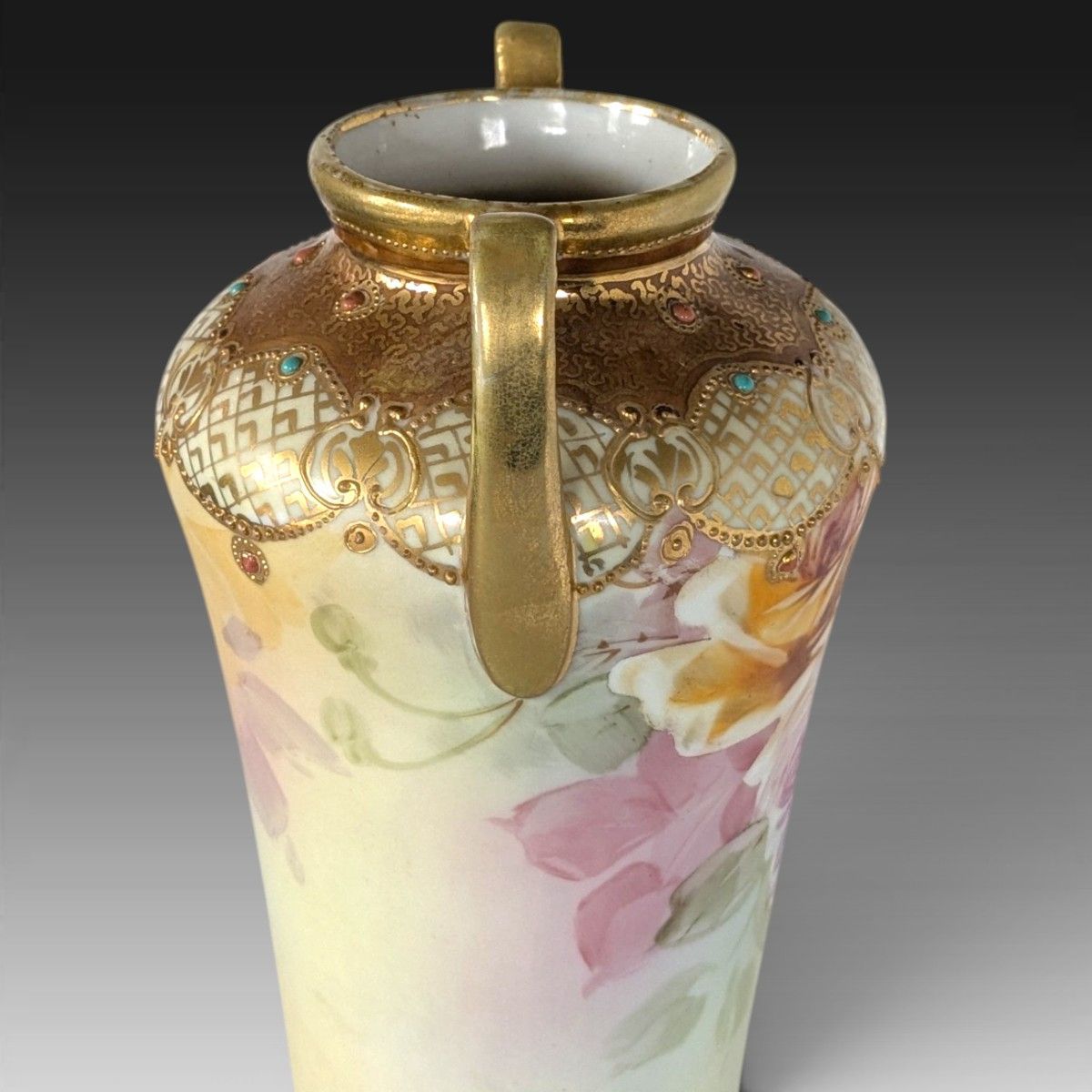 超美品 オールドノリタケ メイプルリーフ印 両耳飾り壺 薔薇文様