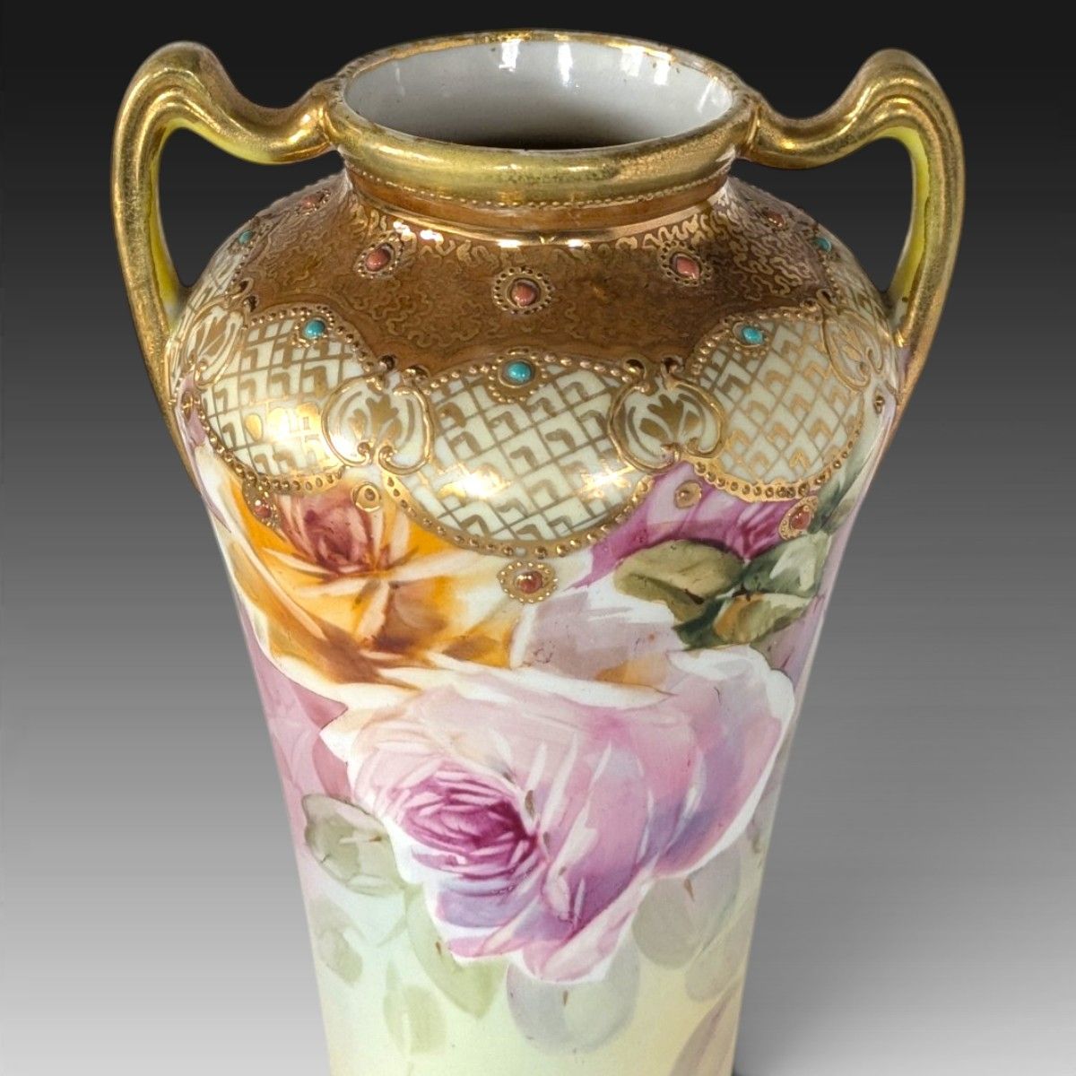 超美品 オールドノリタケ メイプルリーフ印 両耳飾り壺 薔薇文様