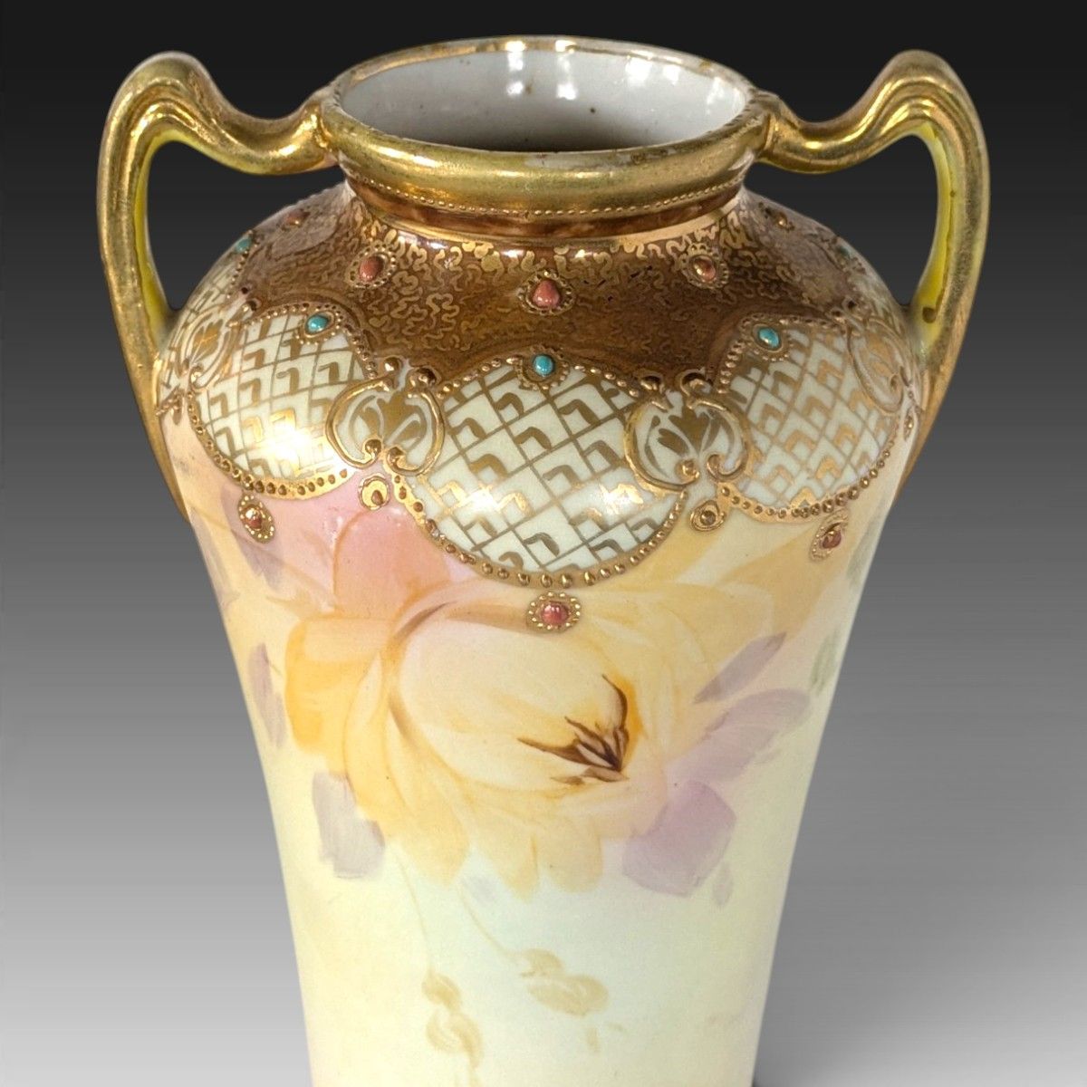 超美品 オールドノリタケ メイプルリーフ印 両耳飾り壺 薔薇文様