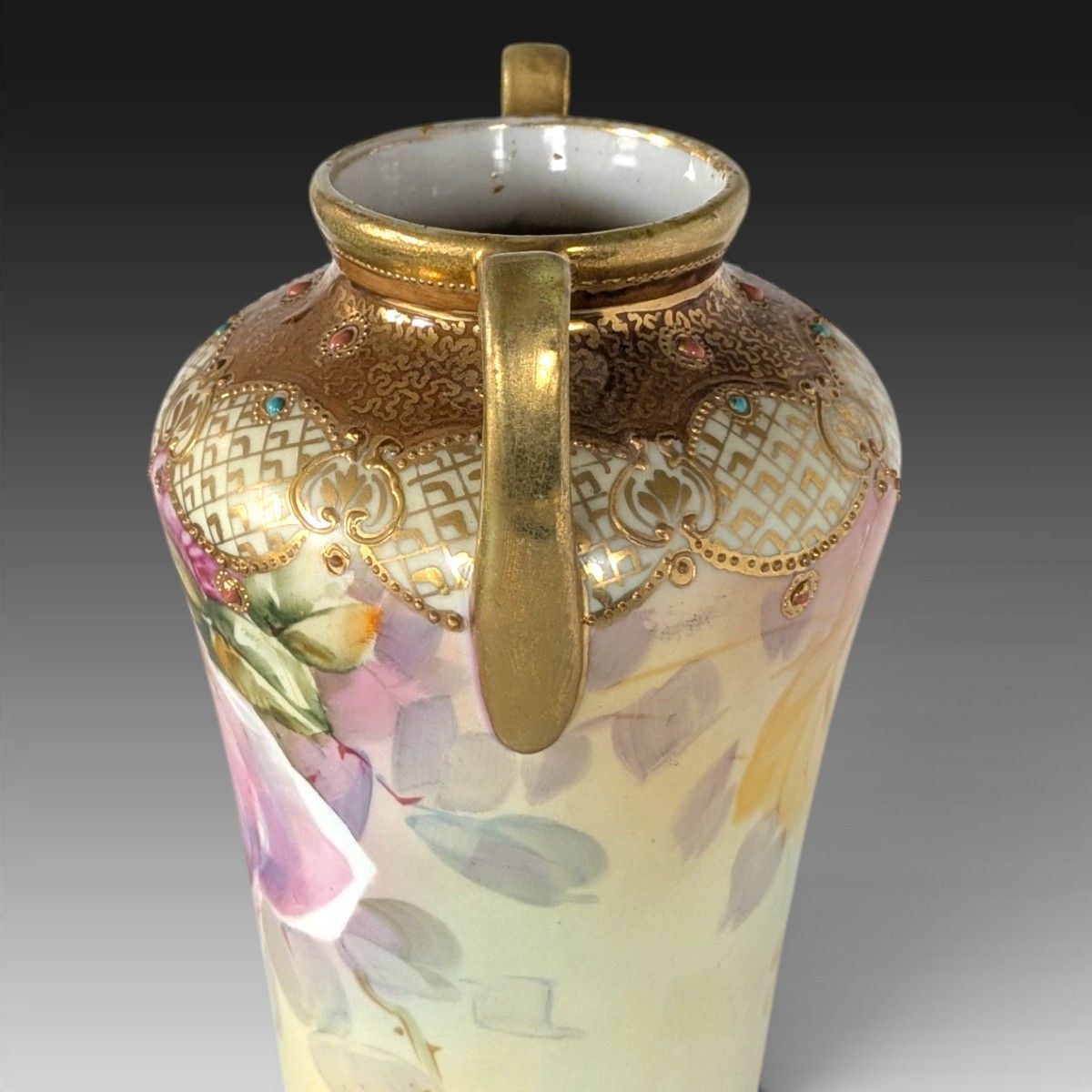 オールドノリタケ 釉下彩 花瓶 メイプルリーフ ルックウッド 超美品 オールドノリタケ メイプルリーフ印 両耳飾り壺 薔薇文様