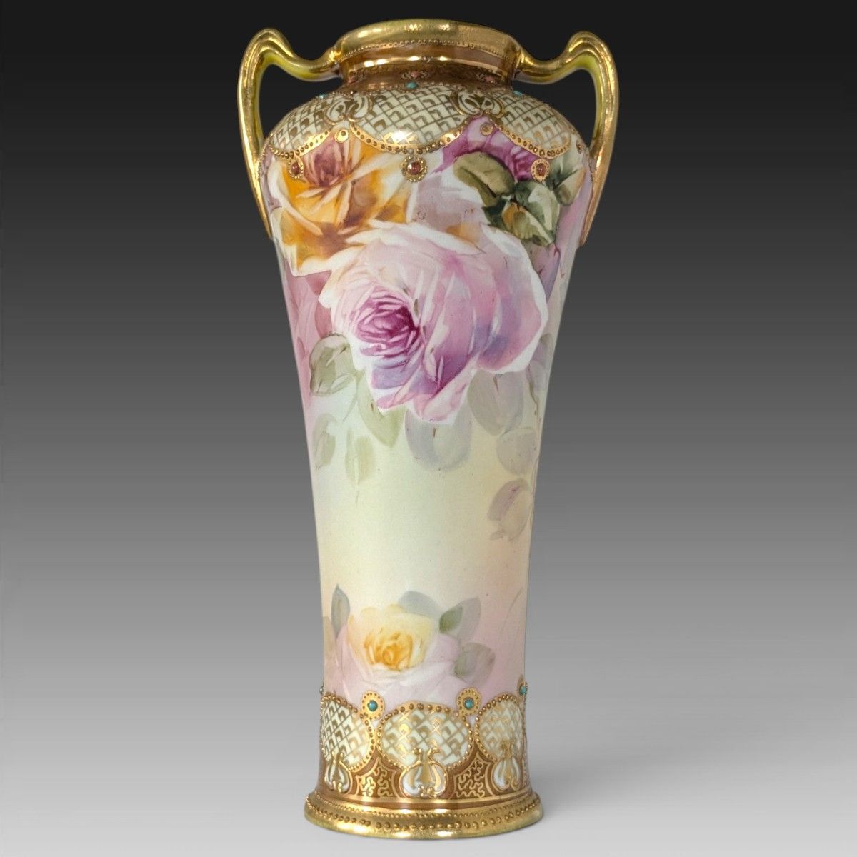 超美品 オールドノリタケ メイプルリーフ印 両耳飾り壺 薔薇文様