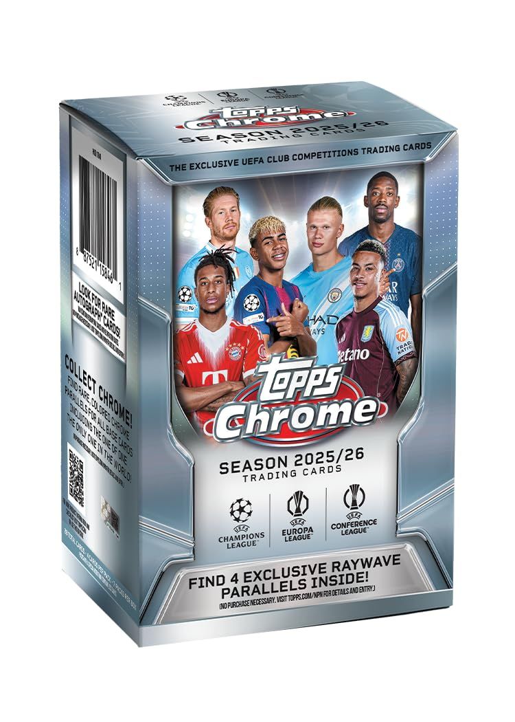 Topps Chrome® UEFAクラブコンペティション2025-26 - バリューボックス(1箱7パック、1パックに4枚のカードが含まれています)。