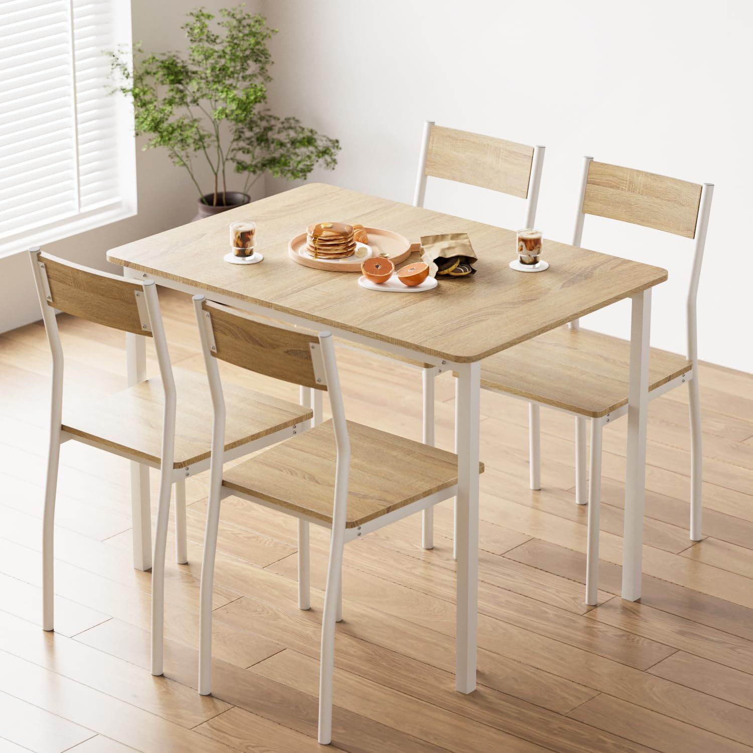 5点セット 4人用 テーブル 1点 チェア 食卓テーブル 4脚 木製 スチール ダイニングテーブルセット 4人掛け 幅110×奥行70×高さ75cm ナチュラル×ホワイト