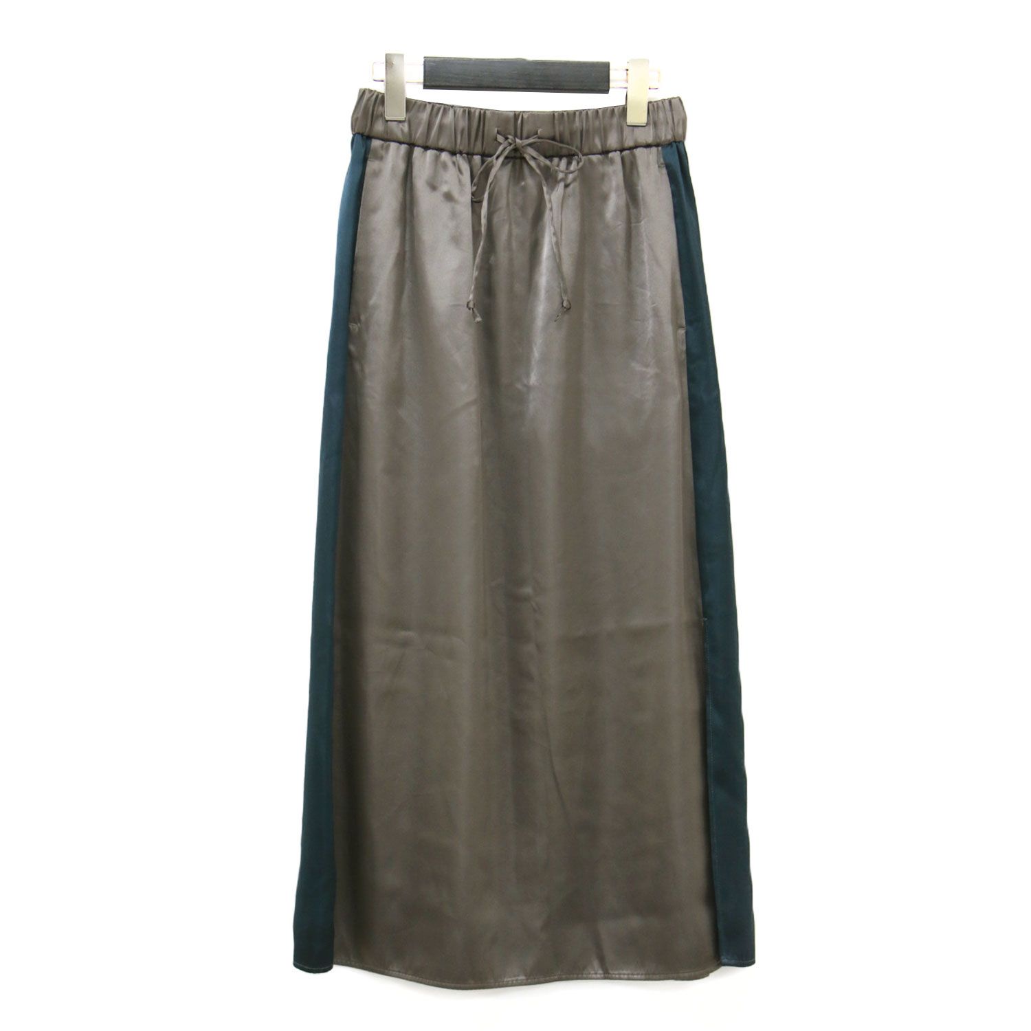 【美品】PS Paul Smith ピーエスポールスミス スカート ブラウン グリーン サイズ:40(M) 24秋冬 コントラスト サテン スカート ミモレ丈 フレア ウエストゴム バイカラー スリット ボトムス【レディース】【中古】