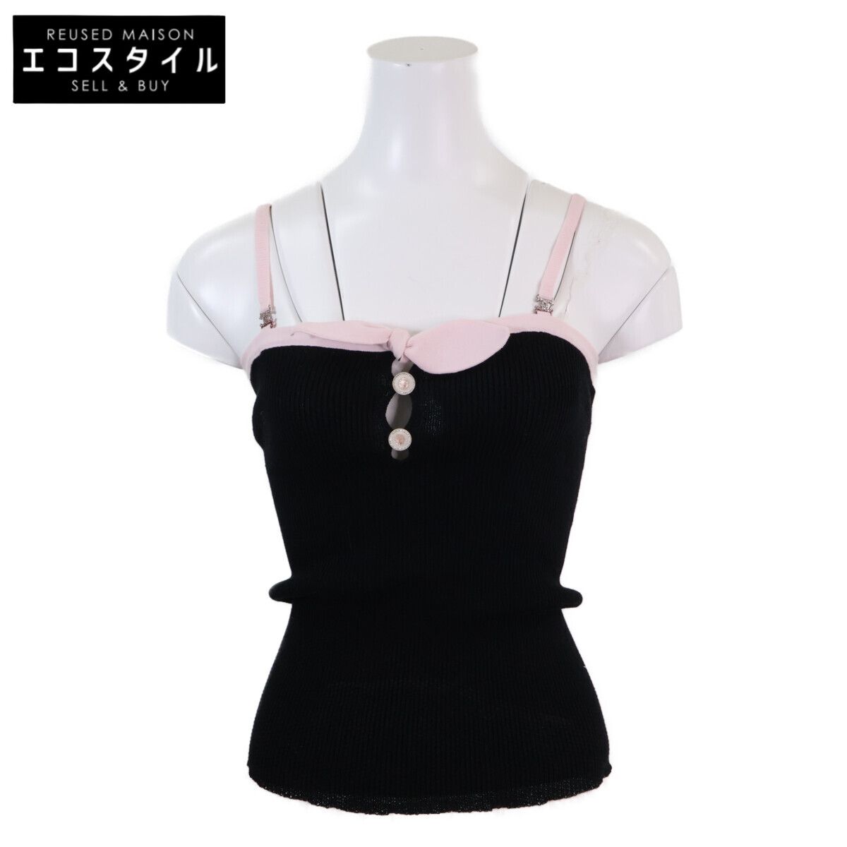 CHANEL　シャネル　美品 国内正規 22SS P72250K10403 ラインストーンココマーク＆獅子ボタン ボウ コットンリブニットノースリーブキャミソール　38