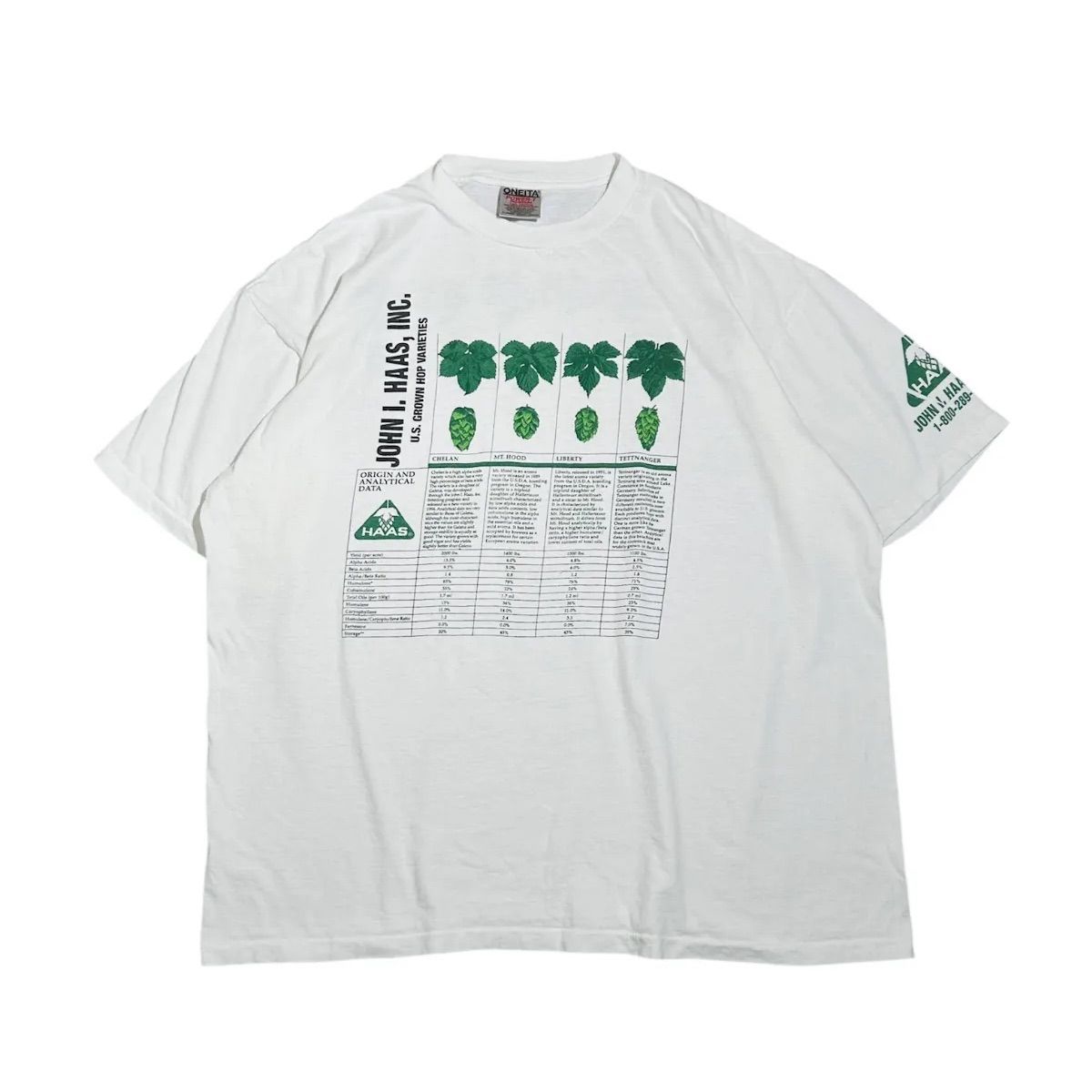 90s USA製 JOHN I HAAS ホップ 企業 Tシャツ XL ONEITA 両面プリント ビール 醸造 白 シングルステッチ T108