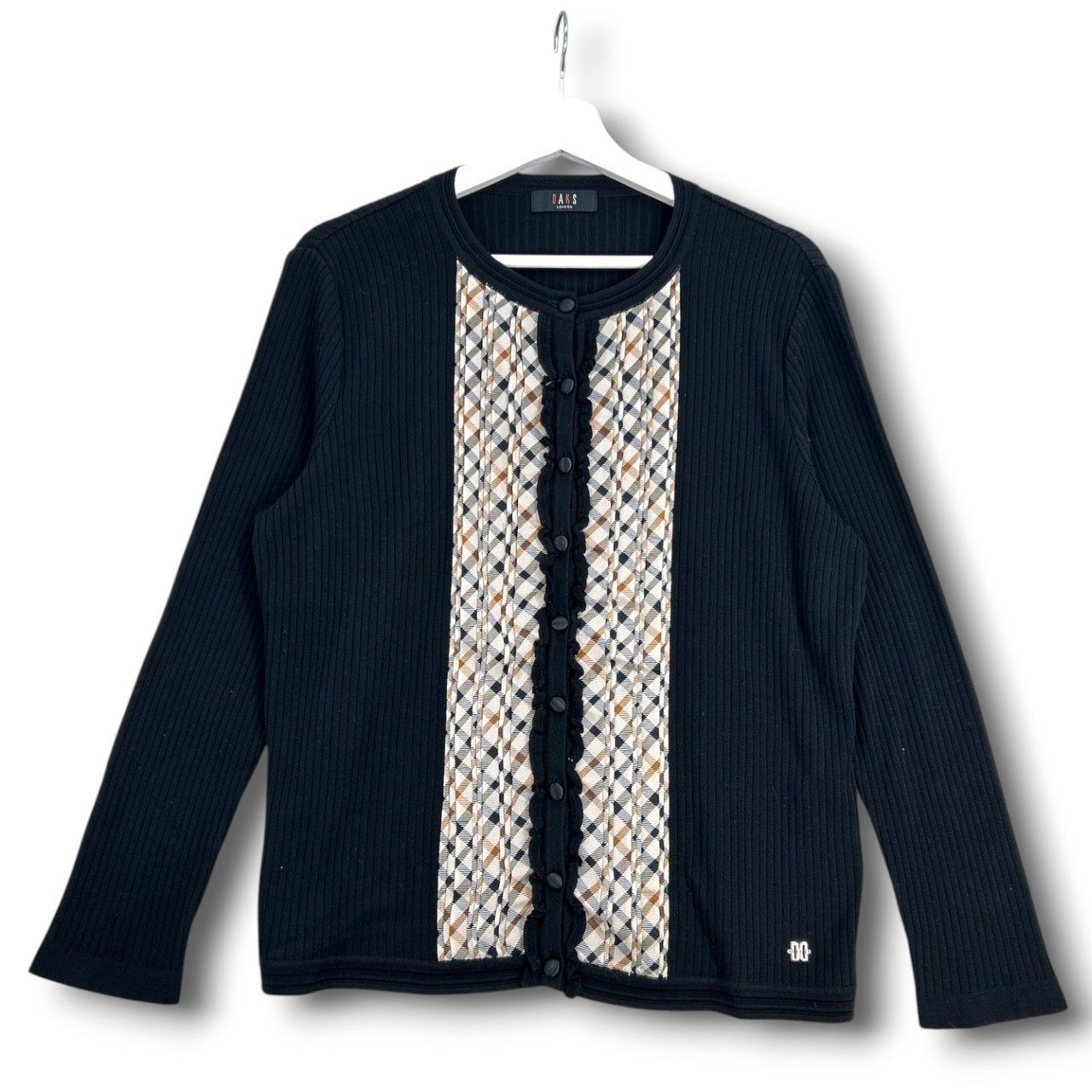 新品 DAKS ニット カーディガン フリル サイズ44 DAKS ダックス リブニットカーディガン 羽織り チェック柄 フリル