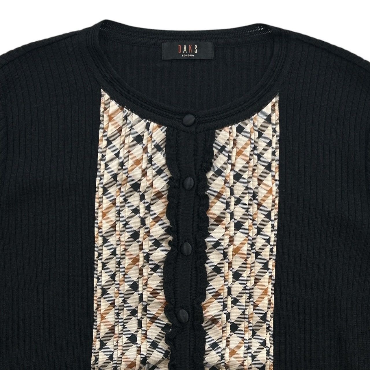 新品 DAKS ニット カーディガン フリル サイズ44 DAKS ダックス リブニットカーディガン 羽織り チェック柄 フリル