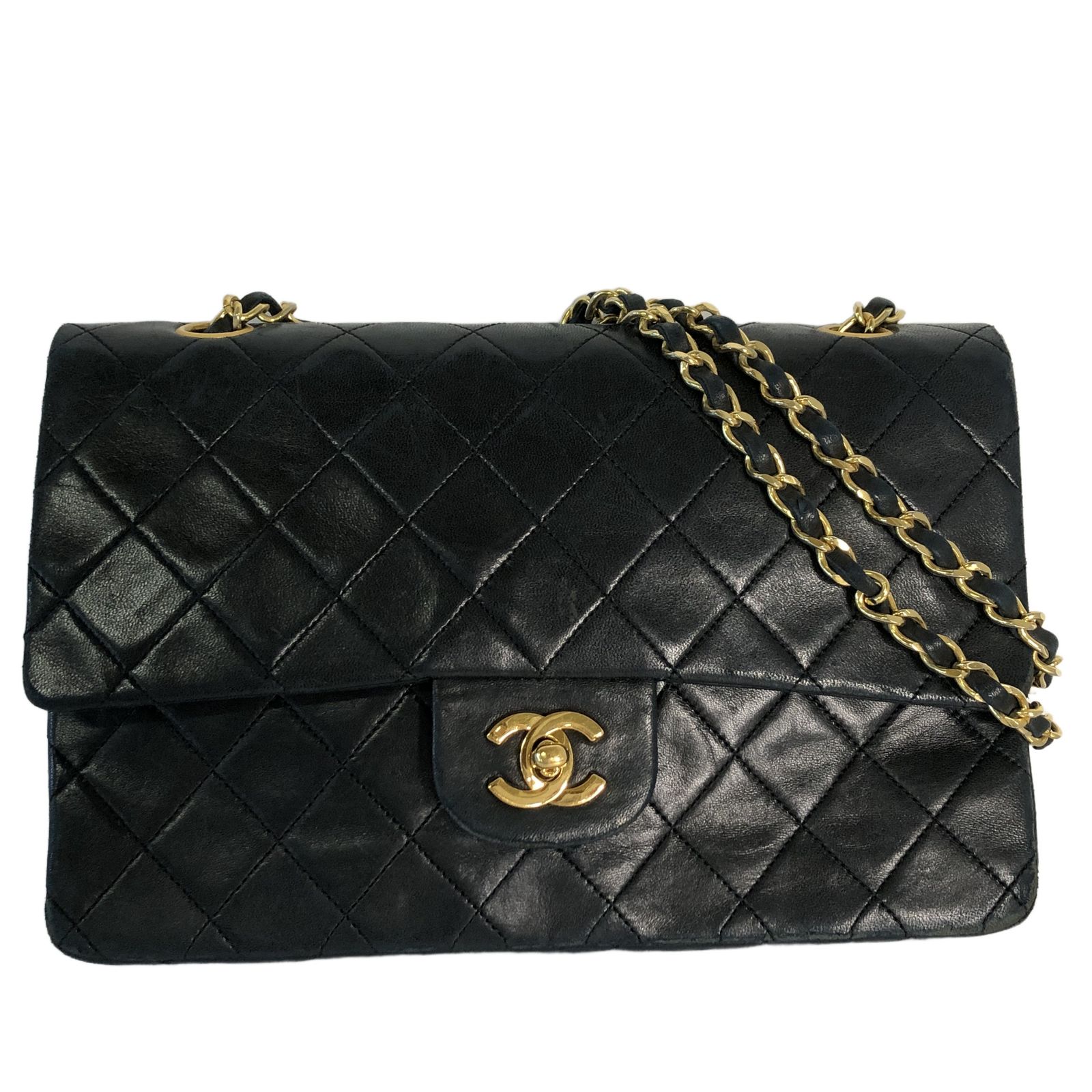 【鑑定済】CHANEL シャネル マトラッセ25 ラムスキン ダブルフラップ ショルダー バッグ 1番台 ブラック ゴールド金具 中古 T11440448