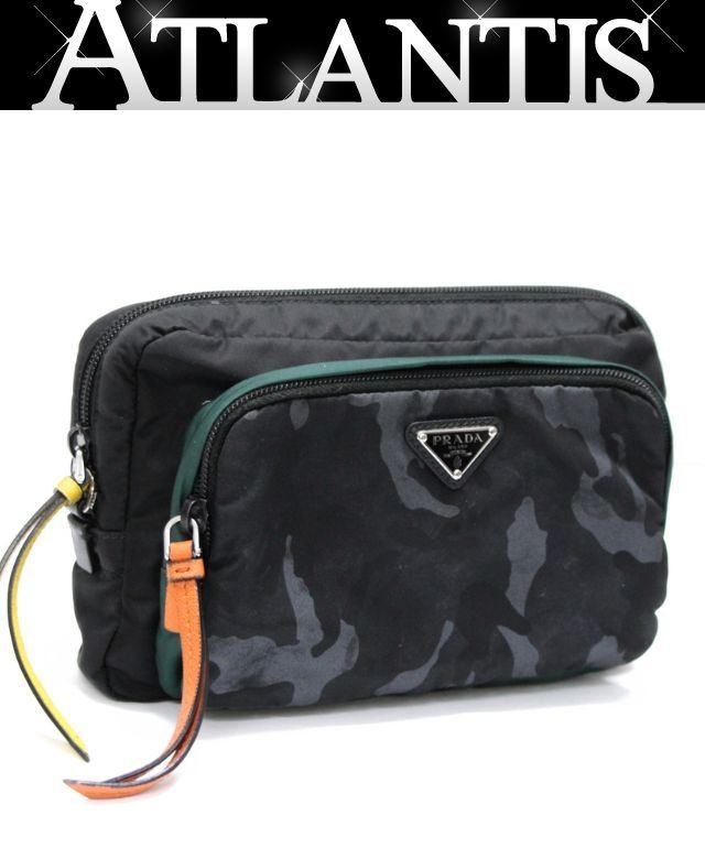 美品 希少【PRADA】プラダ レオパード×カモフラ ナイロンポーチ 三角ロゴ プラダ PRADA 三角ロゴ カモフラージュ柄 ポーチ ナイロン 黒系 2NE012