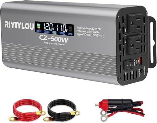 純正弦波インバーター 500W (瞬間1000W対応) 50Hz/60Hzの出力周波数は自由に選択可能で 12V/24V自動対応 LCDカラー画面 バッテリー逆接続保護 TYPE-C急速充電 無音設計 過負荷・過熱保護 車載/家庭/アウトドア用ts