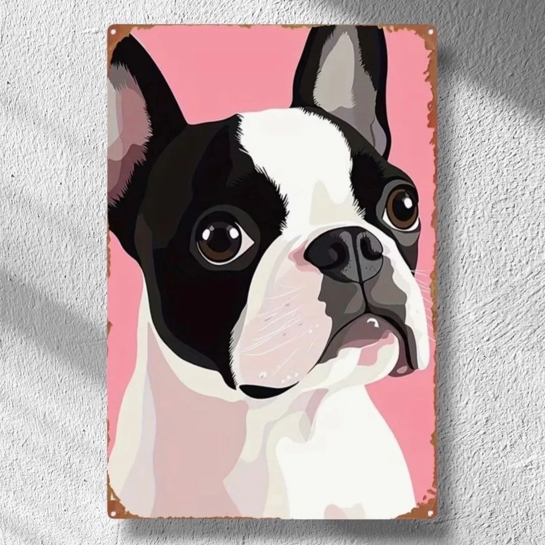 新品 ボストンテリア メタルサイン ブリキ看板 犬雑貨 犬グッズ ピンク