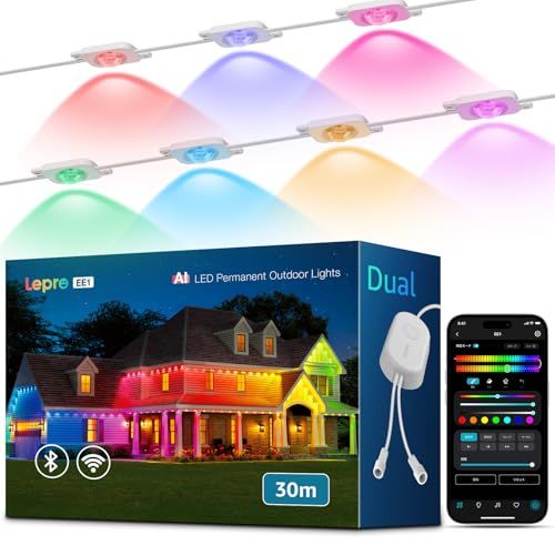 Lepro EE1 AI ストリングライト LED イルミネーション スポットライト 防水 60灯 30m RGB DIY 常設型 IP65 家の外壁・軒下・フェンス・庭・クリスマス飾り APP操作 室内 虹色 各ライト20lm 流れるテープ Ale 国内発送