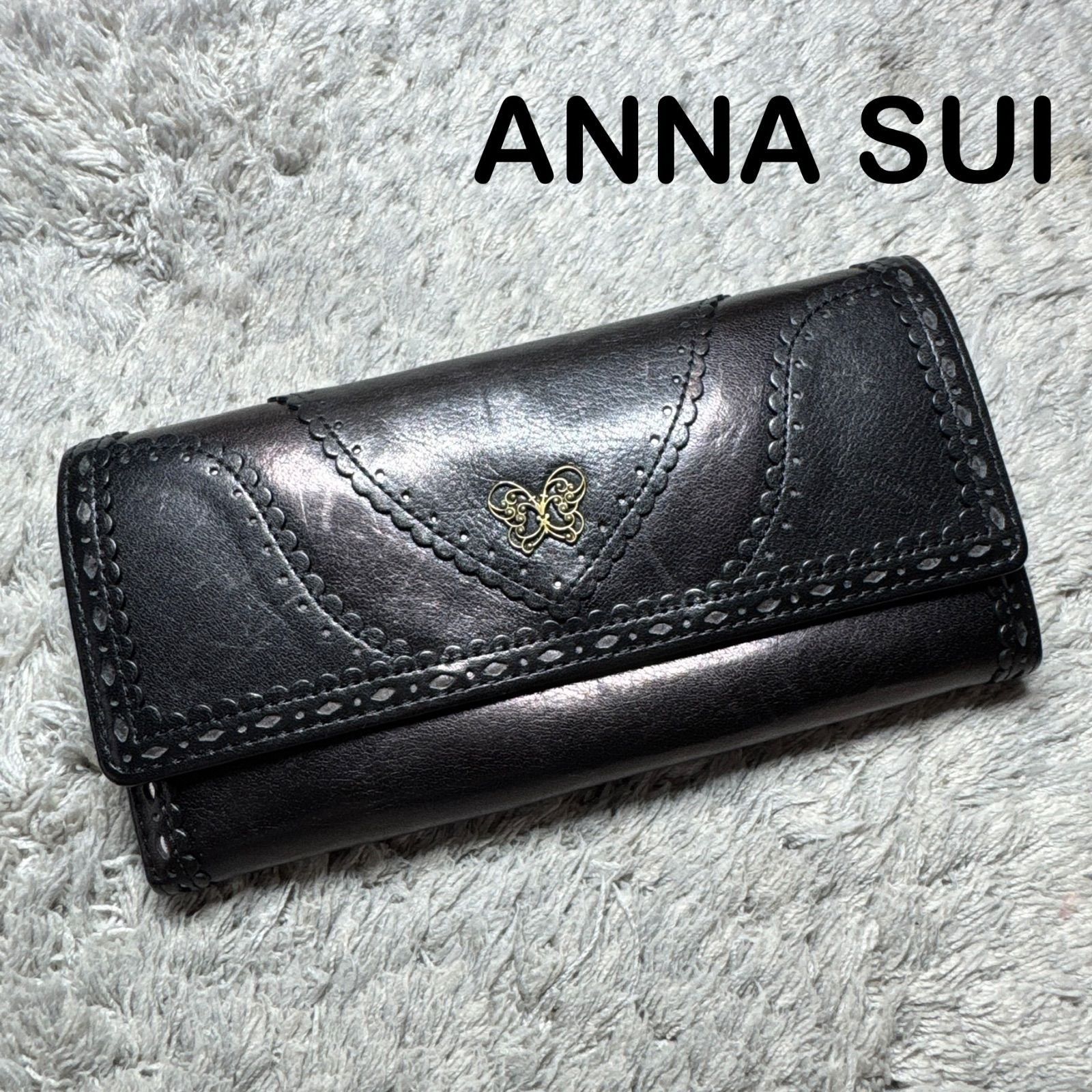 ANNA SUI アナスイ レザー フラップ がま口 長財布 バタフライ 花柄