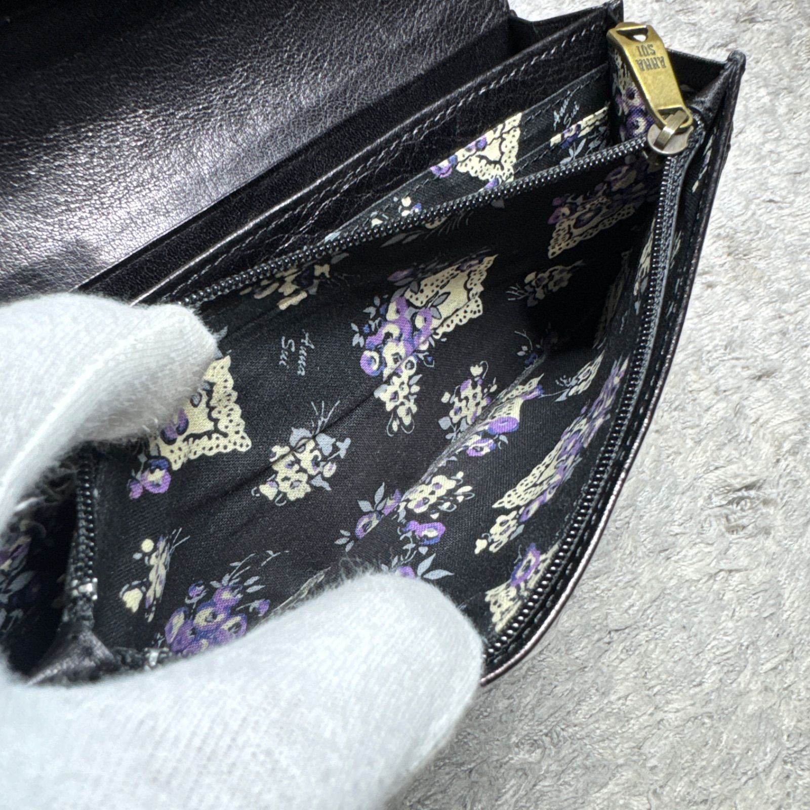 ANNA SUI アナスイ レザー フラップ がま口 長財布 バタフライ 花柄 