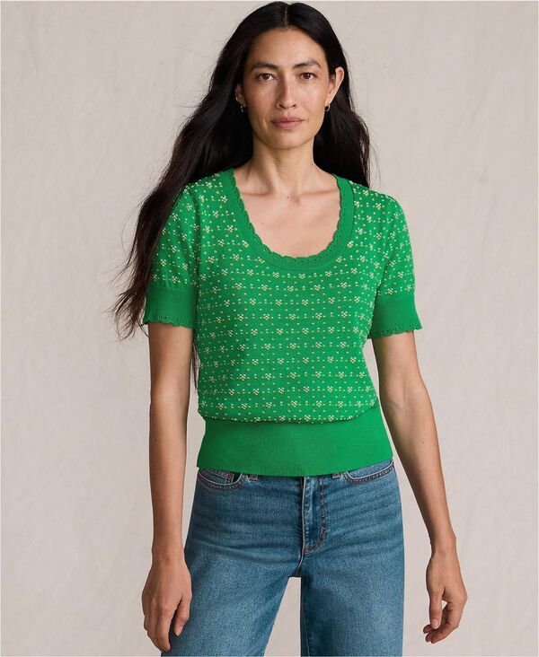 ランズエンド レディース アウター ニット・セーター コットン Lands End Womens Fine Gauge Cotton Jacquard Scoop Neck Sweater True