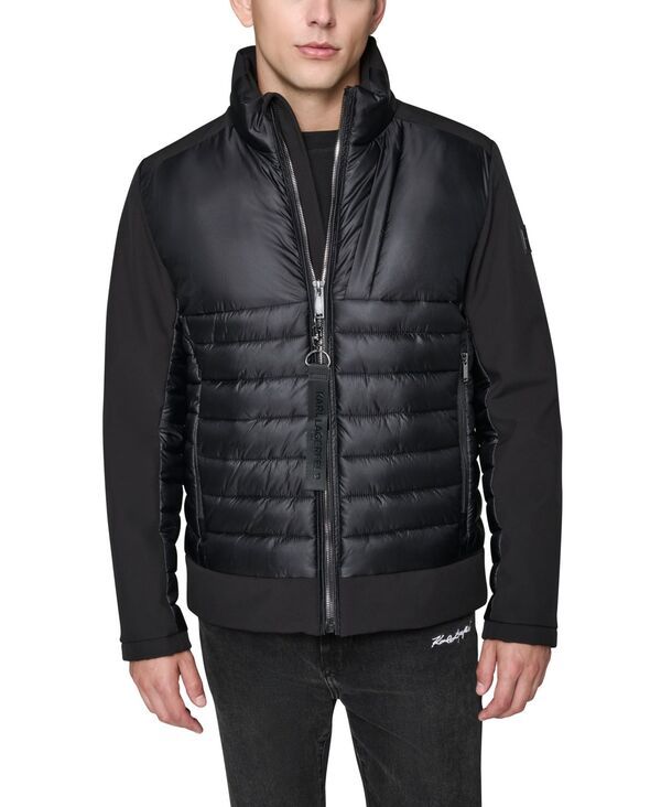 カール ラガーフェルド メンズ アウター ジャケット・ブルゾン キルティング ジャケット Karl Lagerfeld Paris Mens Mixed Media Quilted Jacket Bl