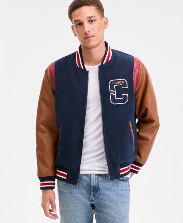 チャンピオン メンズ アウター ジャケット・ブルゾン ジャケット Champion Mens MixedMedia Varsity Bomber Jacket NavyGold ネイビー