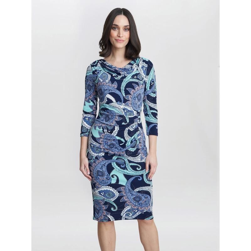 ジーナバッコーニ レディース トップス ワンピース プリント ジャージー Gina Bacconi Alyssa Printed Jersey Cowl Neck Dress Navy Green ネ