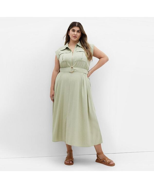 シティーシック レディース トップス ワンピース ミディワンピース プラスサイズ ミディ CITY CHIC Plus Size Utility Midi Dress Sage セージ