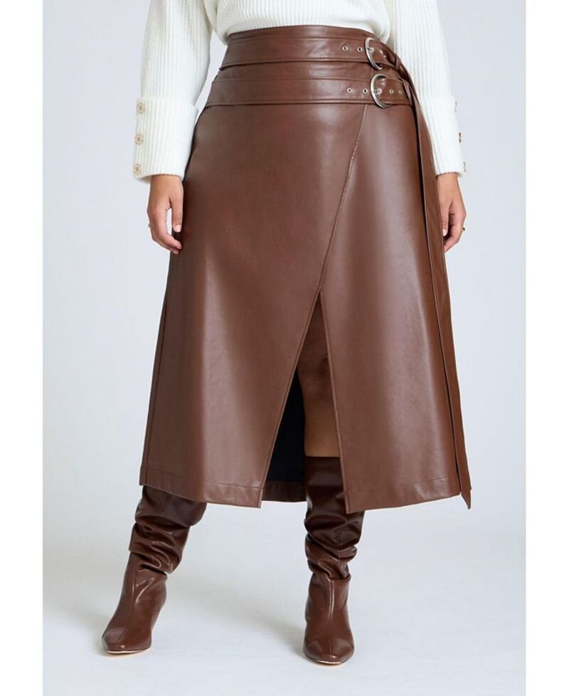 エロクイ レディース ボトムス スカート プラスサイズ レザー フェイクレザー ELOQUII Plus Size Double Belt Wrap Faux Leather Skirt Rocky